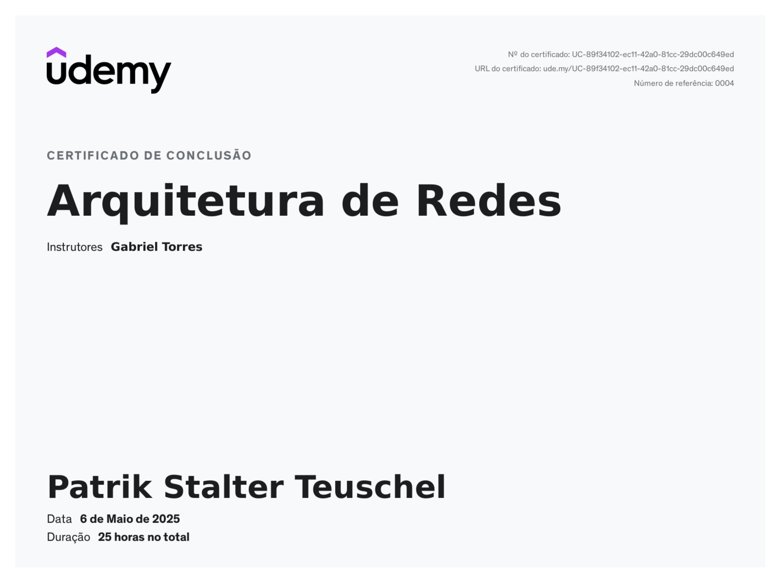 Certificado do curso Arquitetura de Redes