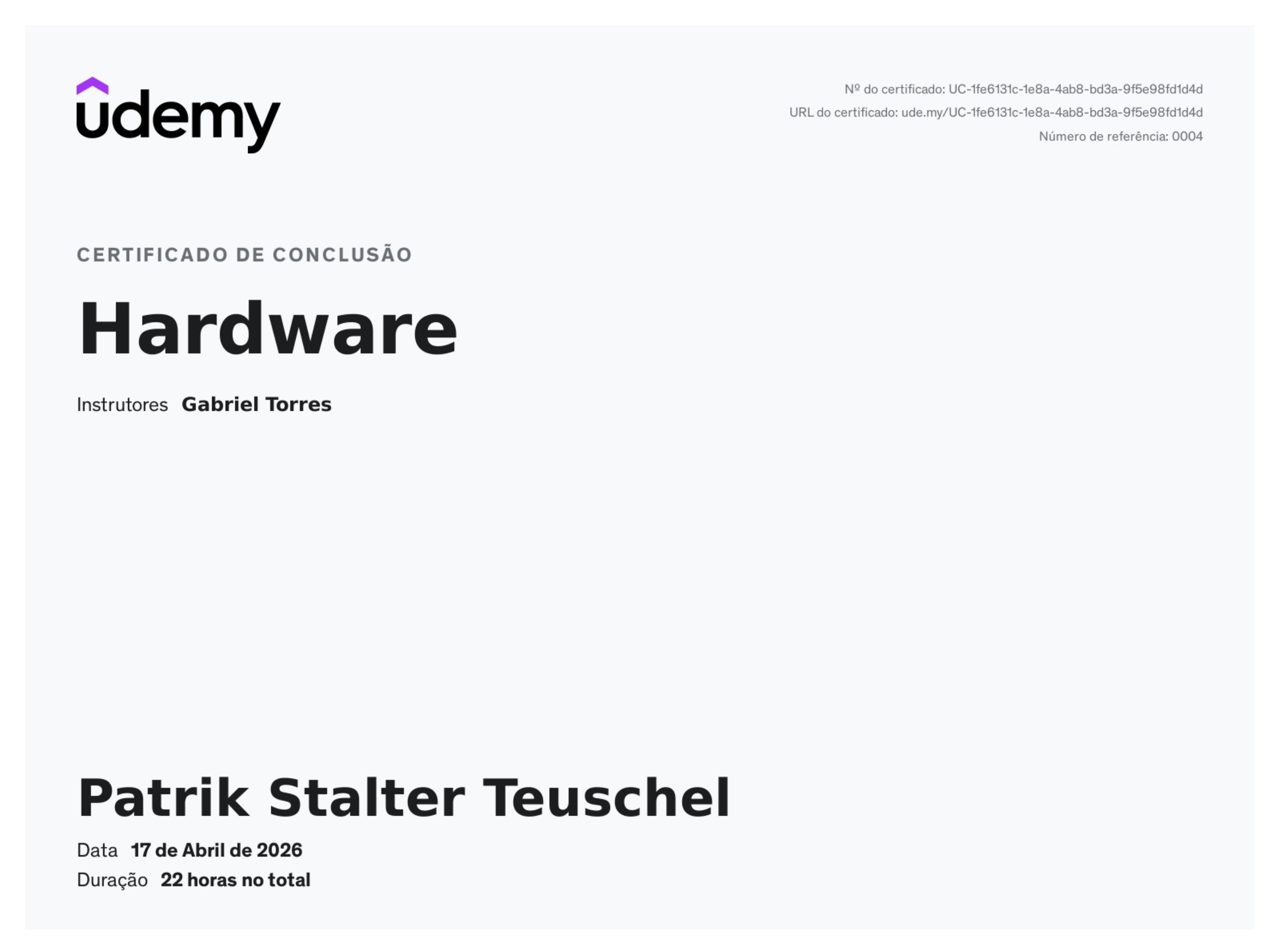 Certificado do curso Hardware