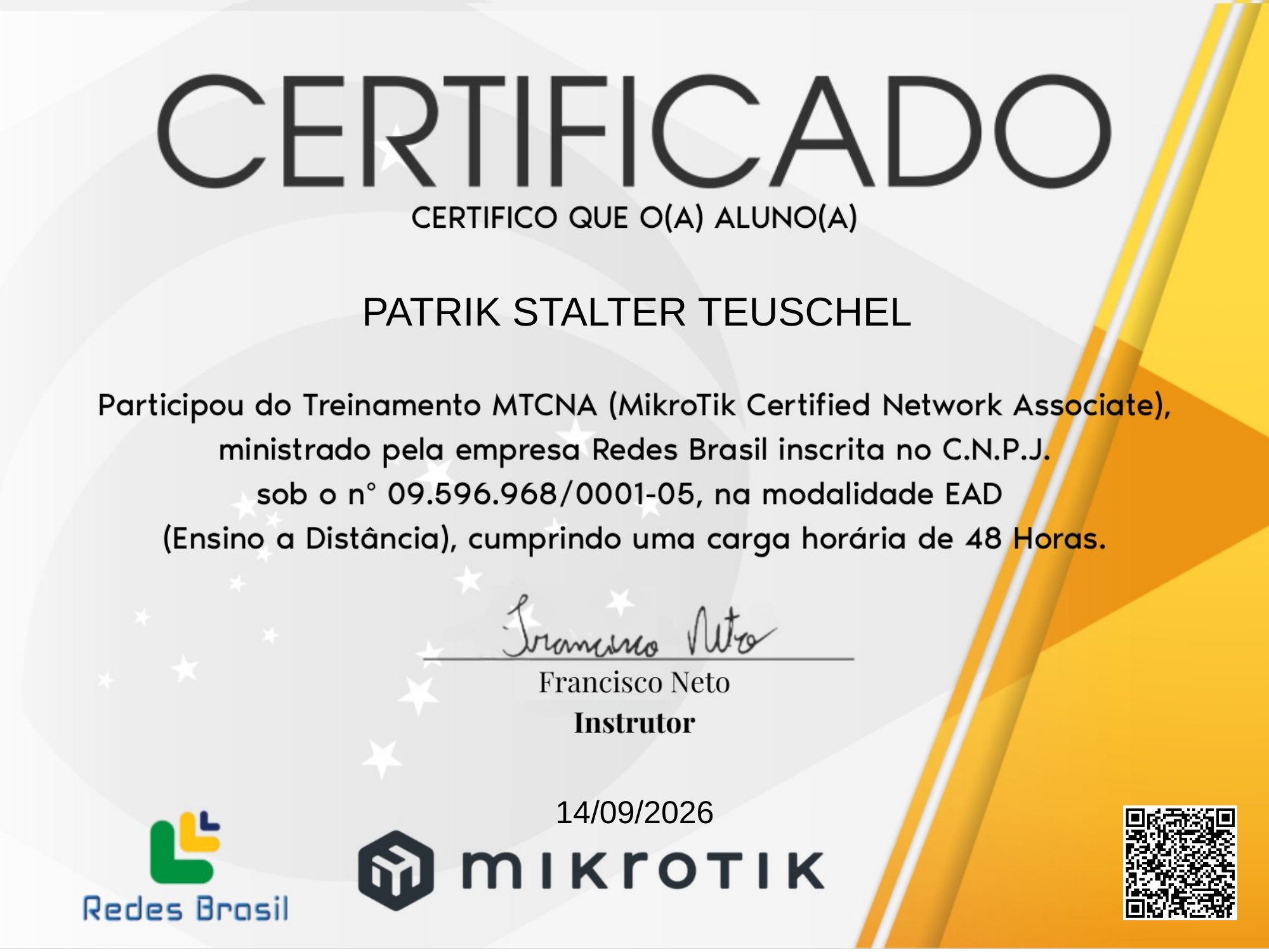 Certificado do treinamento MTCNA versão 7