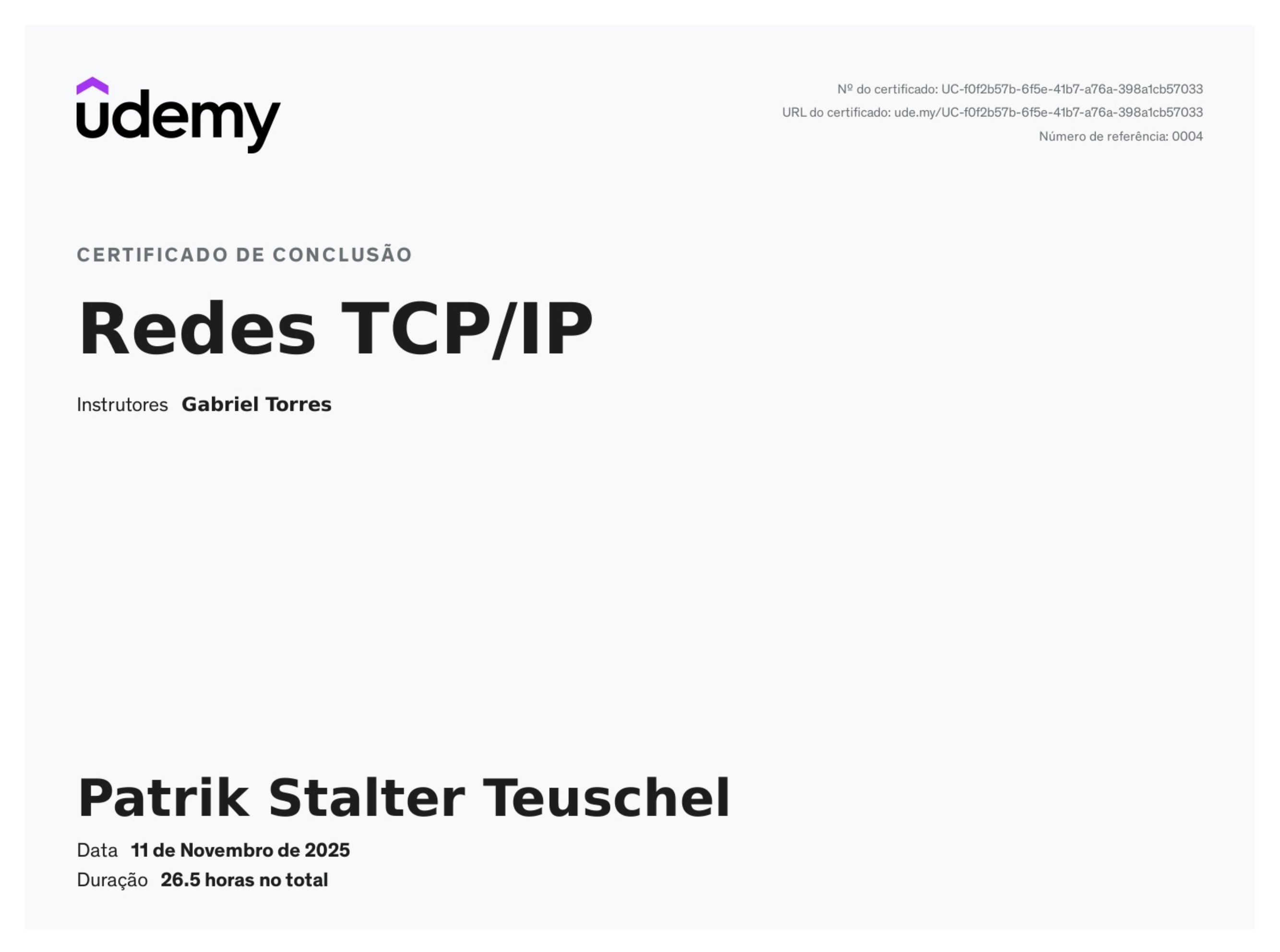 Certificado do curso Redes TCP/IP