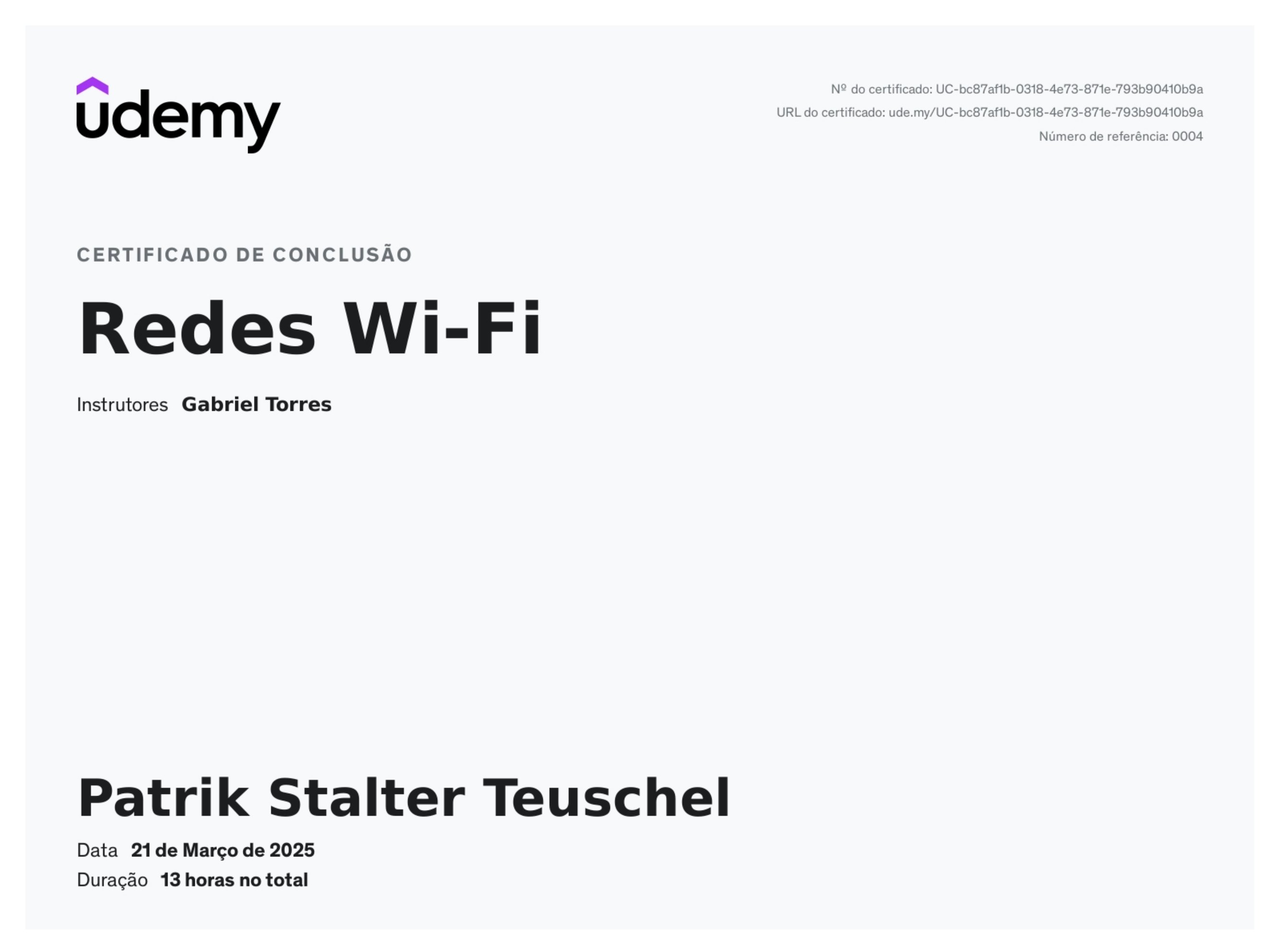 Certificado do curso Redes Wi-Fi