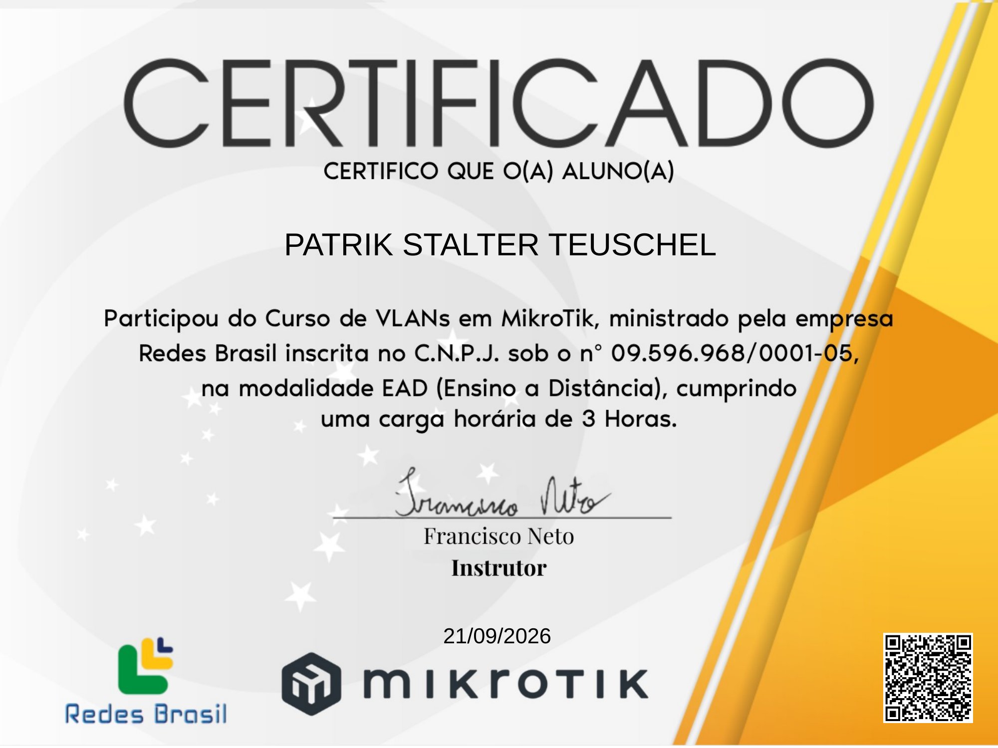 Certificado do curso VLANs em MikroTik