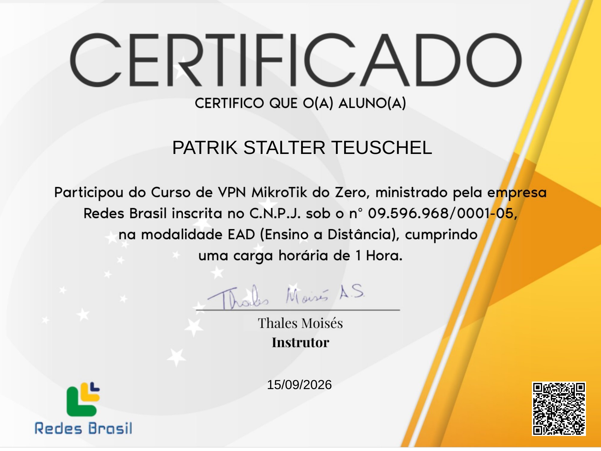 Certificado do curso VPN MikroTik do Zero
