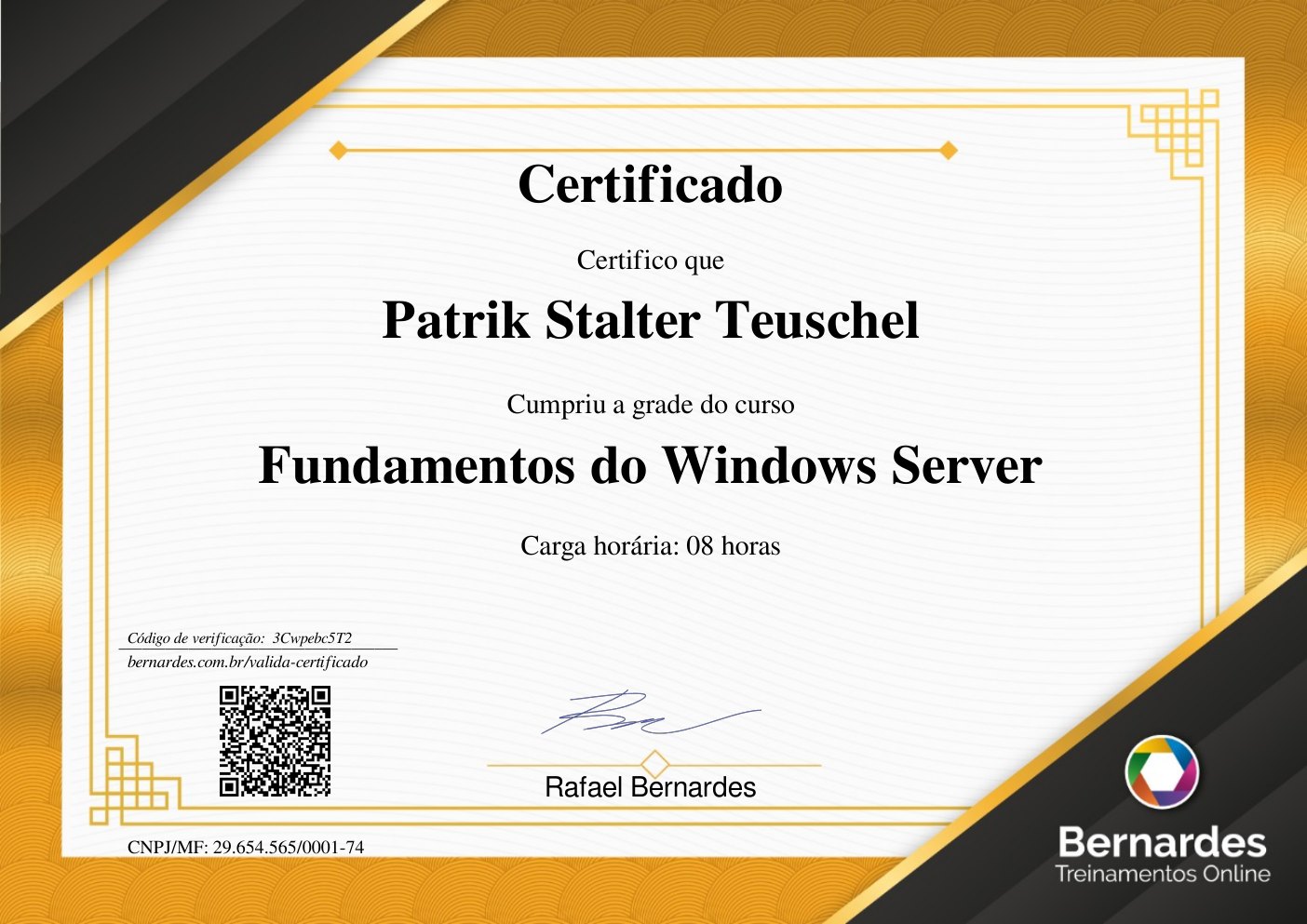 Certificado do curso Fundamentos do Windows Server